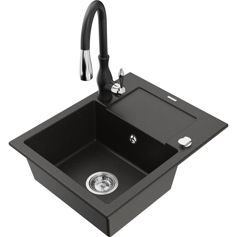 Mexen Enzo granitový dřez 1-komorový s odkapávačem a kuchyňskou baterií Savita, černý/zlatý metalický - 6506-75-672601-70