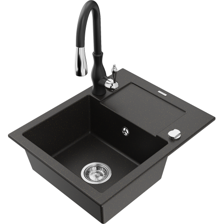 Mexen Enzo granitový dřez 1-komorový s odkapávačem a kuchyňskou baterií Savita, černý/zlatý metalický - 6506-75-672601-70