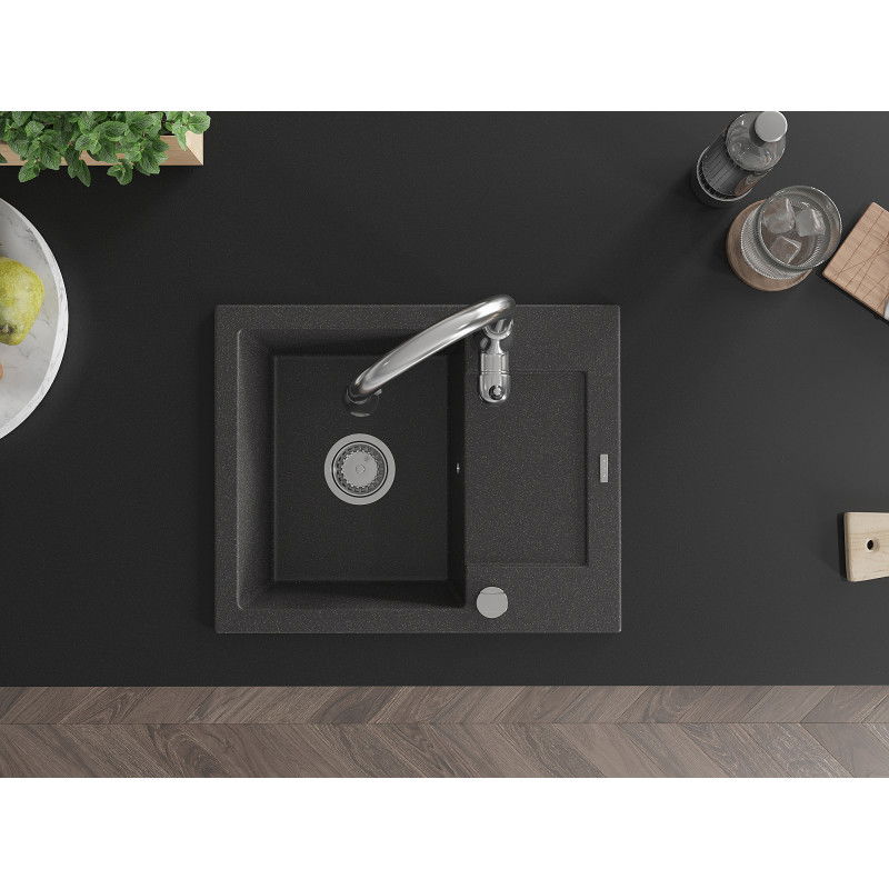 Mexen Enzo granitový jednoprostorový dřez s odkapávačem a kuchyňskou baterií Savita, černý kropenatý - 6506-76-672601-00