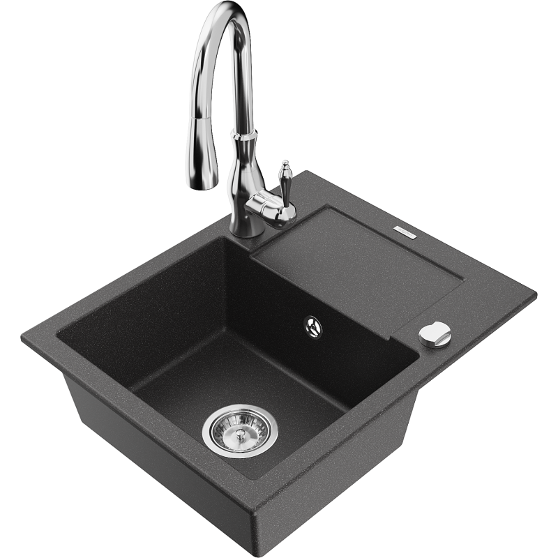 Mexen Enzo granitový jednoprostorový dřez s odkapávačem a kuchyňskou baterií Savita, černý kropenatý - 6506-76-672601-00