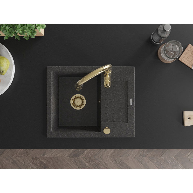 Mexen Enzo granitový dřez 1-komorový s odkapávačem a kuchyňskou baterií Savita, černý skvrnitý - 6506-76-672601-50