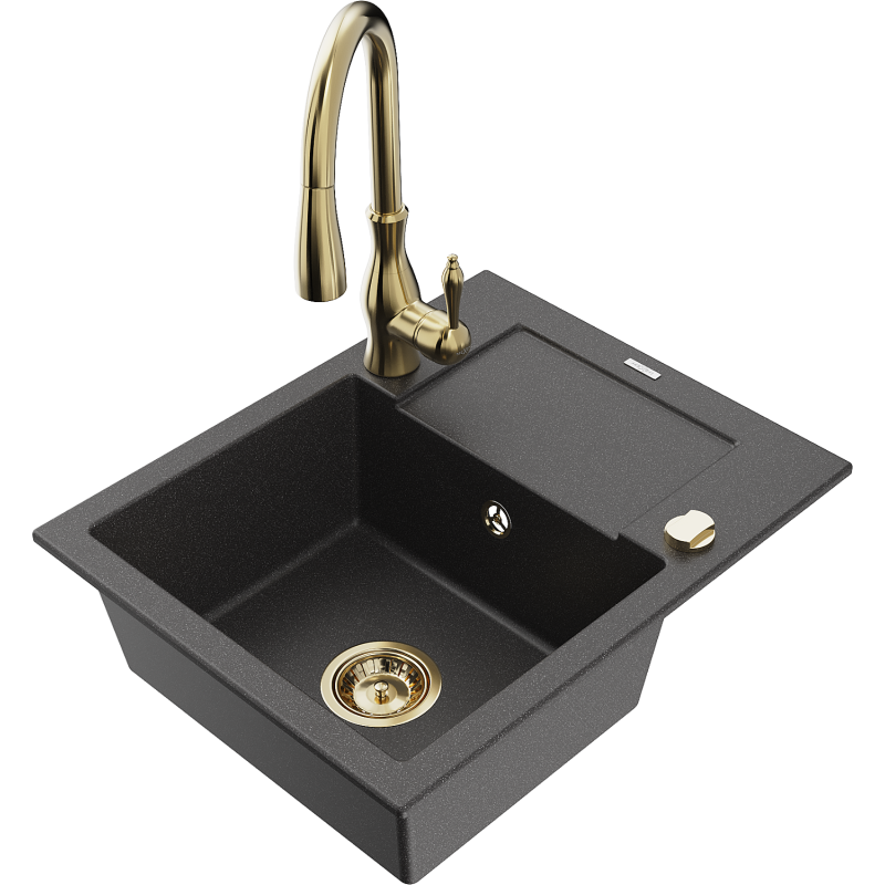 Mexen Enzo granitový dřez 1-komorový s odkapávačem a kuchyňskou baterií Savita, černý skvrnitý - 6506-76-672601-50