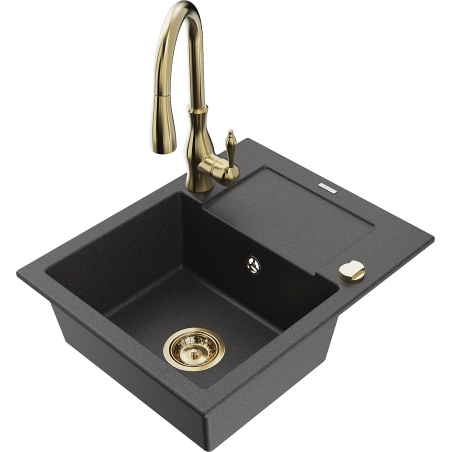 Mexen Enzo granitový dřez 1-komorový s odkapávačem a kuchyňskou baterií Savita, černý skvrnitý - 6506-76-672601-50