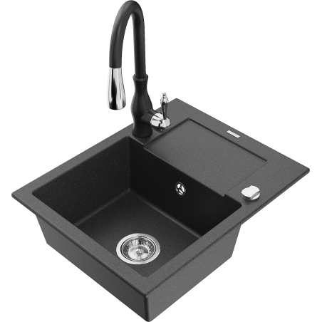 Mexen Enzo granitový dřez 1-komorový s odkapávačem a kuchyňskou baterií Savita, černý se skvrnami - 6506-76-672601-70