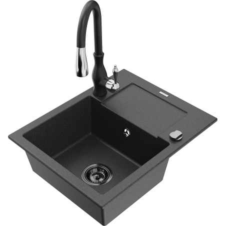 Mexen Enzo granitový dřez 1-komorový s odkapávačem a kuchyňskou baterií Savita, černý kropenatý - 6506-76-672601-70-B