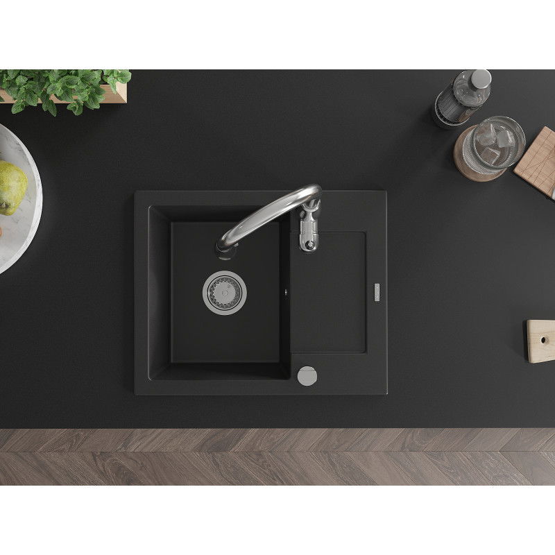 Mexen Enzo granitový dřez s 1 komorou a odkapávačem a kuchyňskou baterií Savita, černý - 6506-77-672601-00