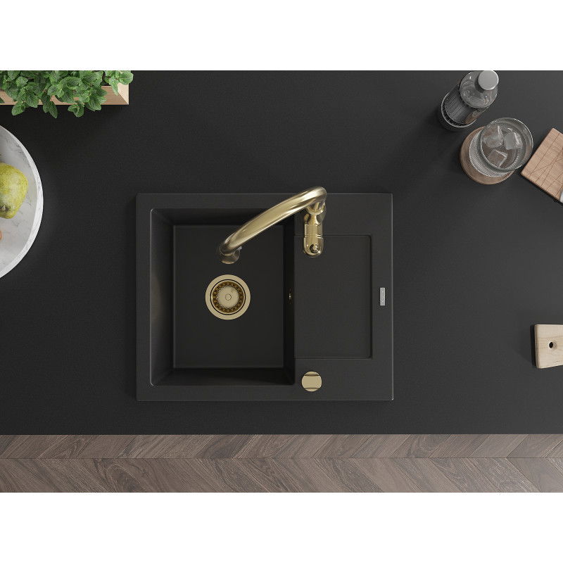 Mexen Enzo granitový dřez 1-komorový s odkapávačem a kuchyňskou baterií Savita, černý - 6506-77-672601-50