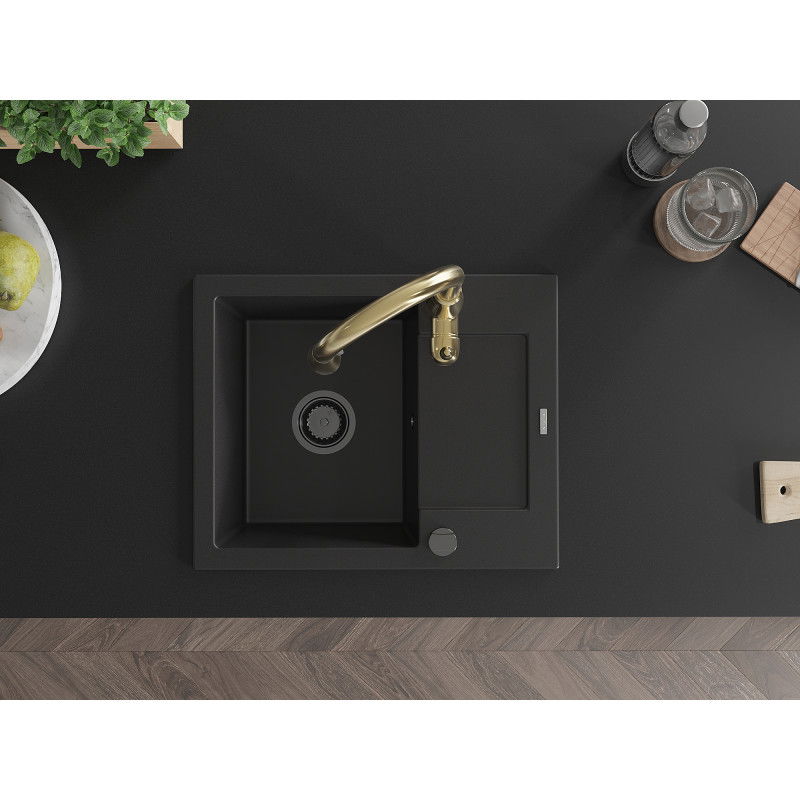 Mexen Enzo granitový dřez s 1 komorou a odkapávačem a kuchyňskou baterií Savita, černý - 6506-77-672601-50-B
