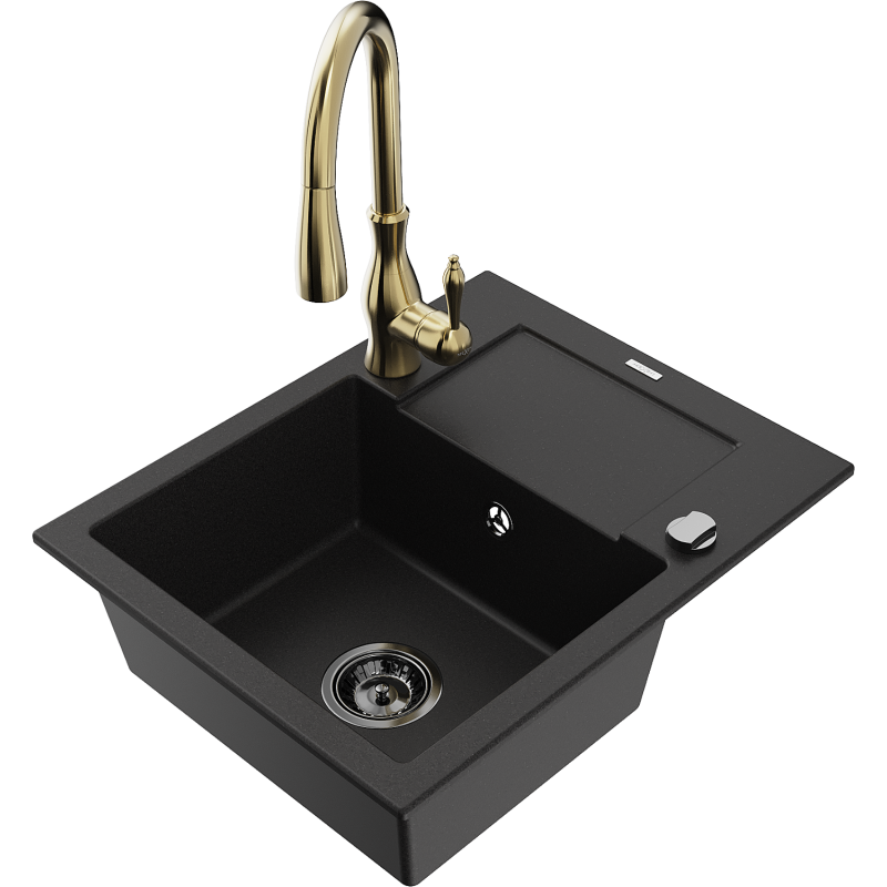 Mexen Enzo granitový dřez s 1 komorou a odkapávačem a kuchyňskou baterií Savita, černý - 6506-77-672601-50-B