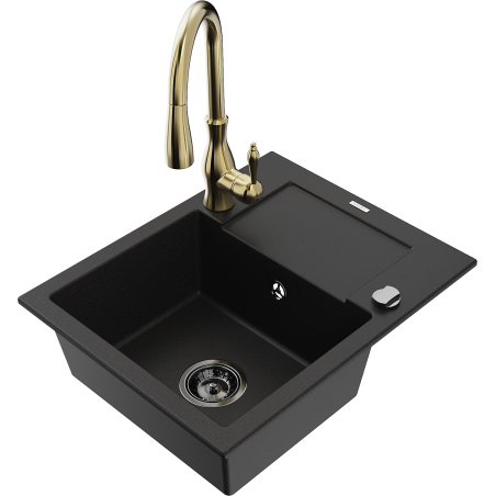 Mexen Enzo granitový dřez s 1 komorou a odkapávačem a kuchyňskou baterií Savita, černý - 6506-77-672601-50-B