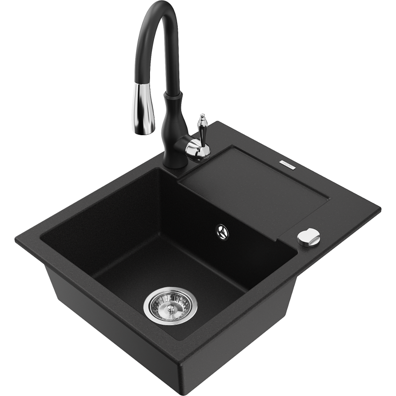 Mexen Enzo granitový dřez s 1 komorou, s odkapávačem a kuchyňskou baterií Savita, černý - 6506-77-672601-70
