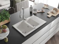 Mexen Gaspar granitový dřez 1,5-komorový s odkapávačem a kuchyňskou baterií Savita, bílý - 6507-20-672601-00