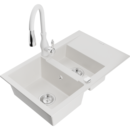 Mexen Gaspar žulový dřez 1,5-komorový s odkapávačem a kuchyňskou baterií Savita, bílý - 6507-20-672601-20