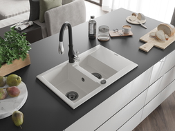 Mexen Gaspar dřez žulový 1,5-komorový s odkapávačem a kuchyňskou baterií Savita, bílý - 6507-20-672601-70