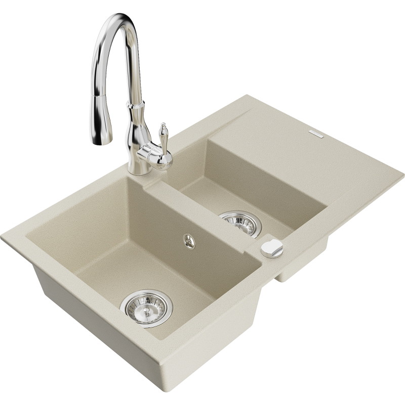 Mexen Gaspar granitový dřez 1,5 komorový s odkapávačem a kuchyňskou baterií Savita, béžový - 6507-69-672601-00