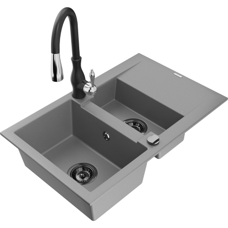 Mexen Gaspar granitový dřez 1,5-komorový s odkapávačem a kuchyňskou baterií Savita, šedý - 6507-71-672601-70-B