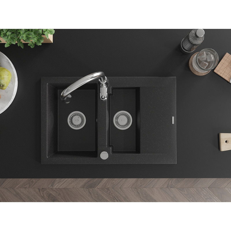Mexen Gaspar žulový dvojkomorový dřez s odkapávačem a kuchyňskou baterií Savita, černý/stříbrný - 6507-73-672601-00