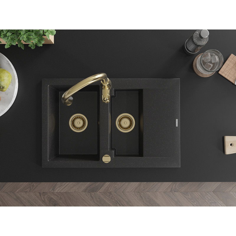 Mexen Gaspar žulový dřez 1,5-komorový s odkapávačem a kuchyňskou baterií Savita, černý/stříbrný - 6507-73-672601-50