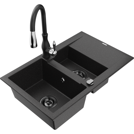 Mexen Gaspar granitový dřez 1,5-komorový s odkapávačem a kuchyňskou baterií Savita, černý/stříbrný - 6507-73-672601-70-B