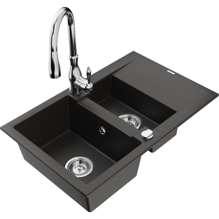Mexen Gaspar granitový dřez 1,5-komorový s odkapávačem a kuchyňskou baterií Savita, černý/zlatý - 6507-75-672601-00