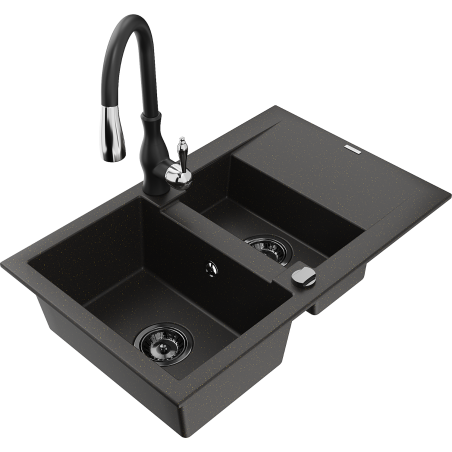 Mexen Gaspar žulový dřez 1,5-komorový s odkapávačem a kuchyňskou baterií Savita, černý/zlatý - 6507-75-672601-70-B