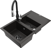 Mexen Gaspar žulový dřez 1,5-komorový s odkapávačem a kuchyňskou baterií Savita, černý/zlatý - 6507-75-672601-70-B