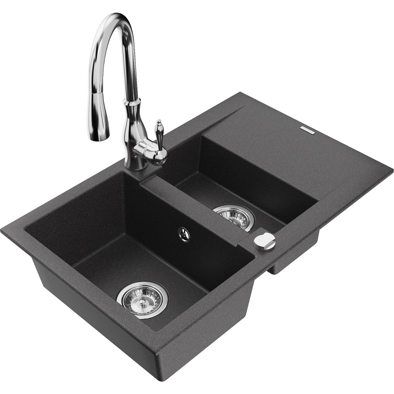 Mexen Gaspar granitový dřez s 1,5 komorou a odkapávačem a kuchyňskou baterií Savita, černý kropenatý - 6507-76-672601-00