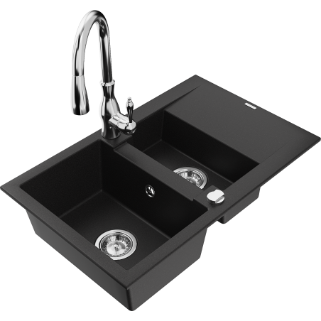 Mexen Gaspar granitový dřez 1,5-komorový s odkapávačem a kuchyňskou baterií Savita, černý - 6507-77-672601-00