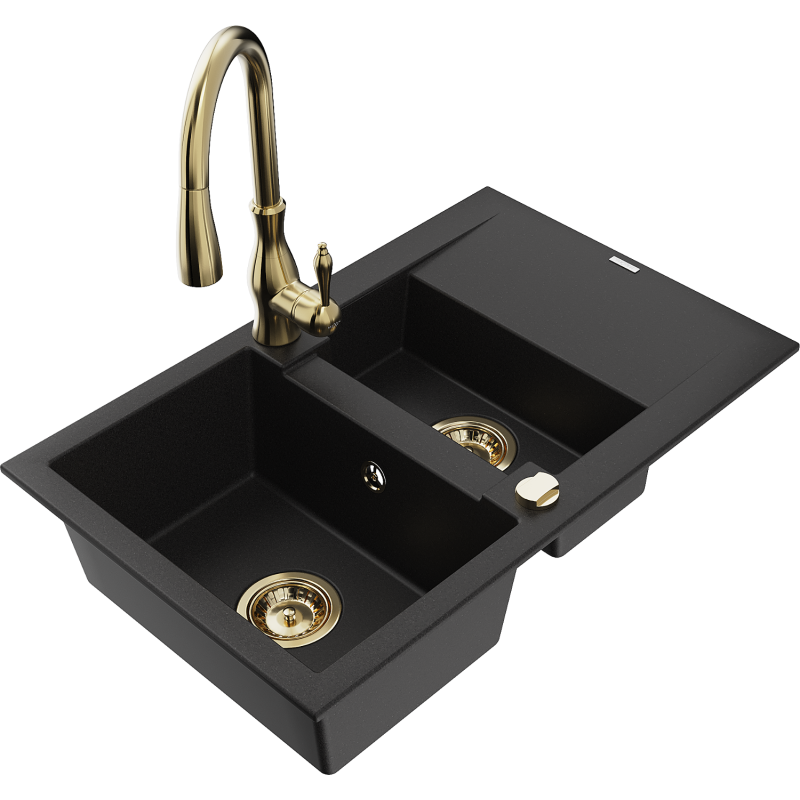 Mexen Gaspar granitový dřez 1,5komorový s odkapávačem a kuchyňskou baterií Savita, černý - 6507-77-672601-50