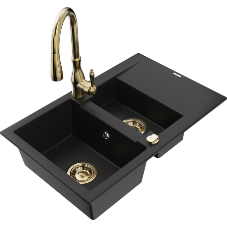 Mexen Gaspar granitový dřez 1,5komorový s odkapávačem a kuchyňskou baterií Savita, černý - 6507-77-672601-50