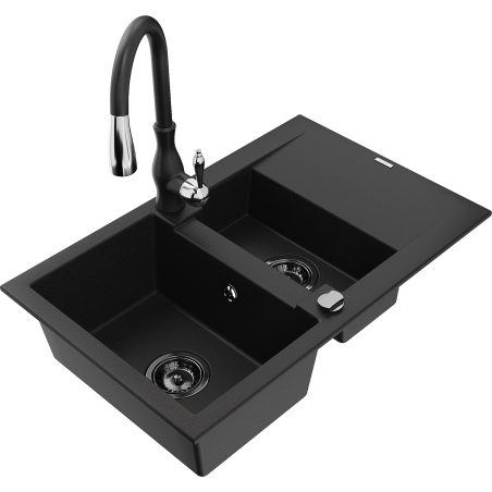 Mexen Gaspar granitový dřez 1,5-komorový s odkapávačem a kuchyňskou baterií Savita, černý - 6507-77-672601-70-B