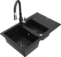 Mexen Gaspar granitový dřez 1,5-komorový s odkapávačem a kuchyňskou baterií Savita, černý - 6507-77-672601-70-B