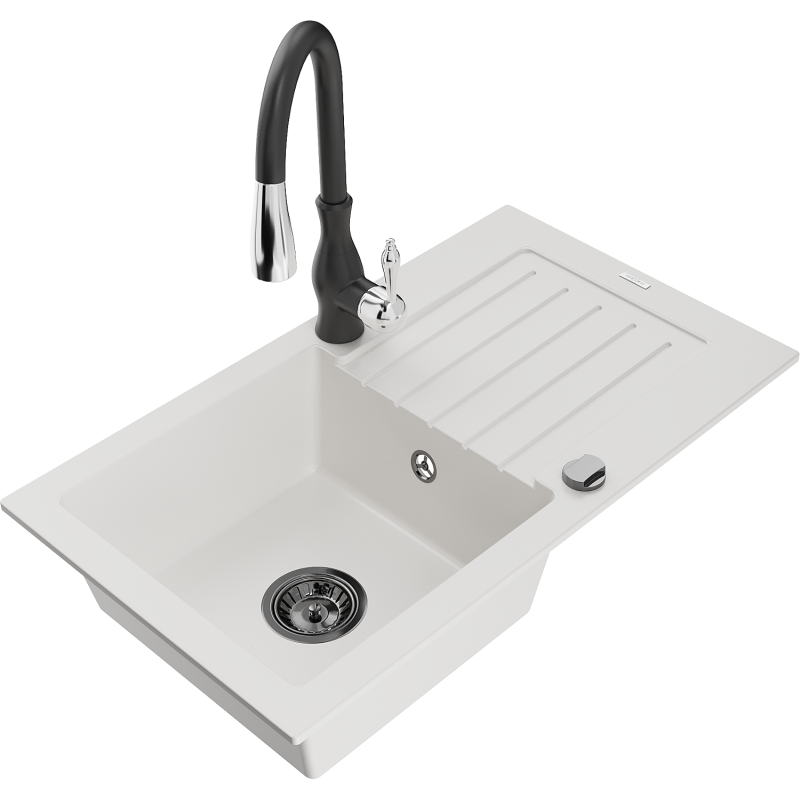 Mexen Pablo granitový dřez 1-komorový s odkapávačem a kuchyňskou baterií Savita, bílý - 6510-20-672601-70