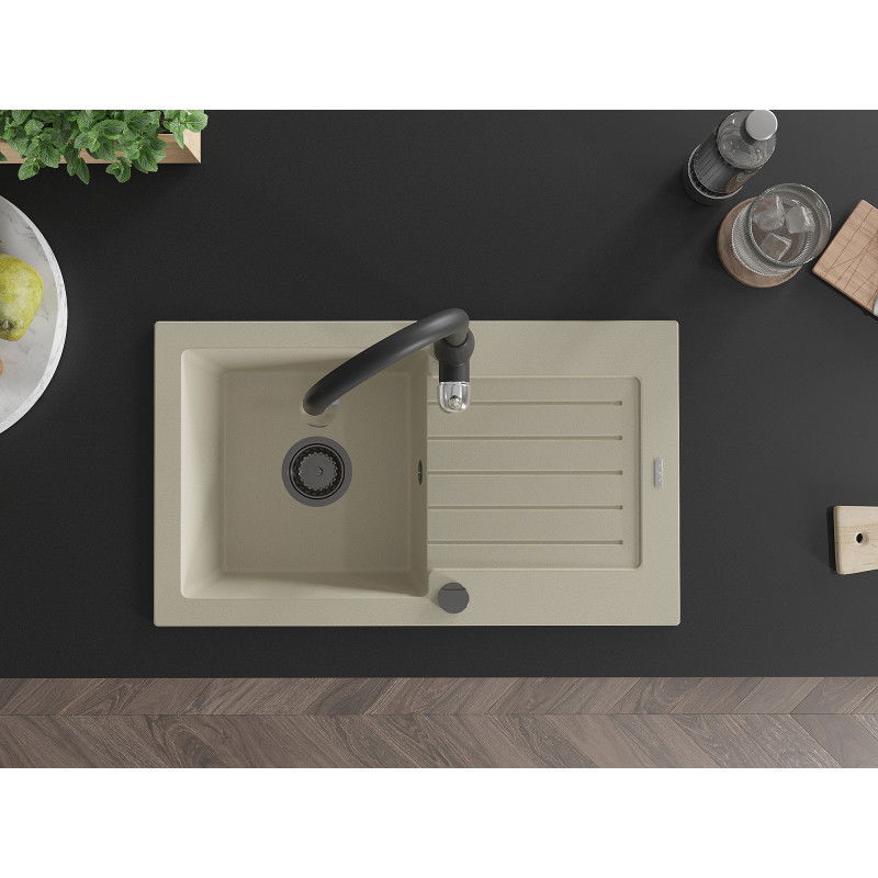 Mexen Pablo jednovanový žulový dřez s odkapávačem a kuchyňskou baterií Savita, béžový - 6510-69-672601-70