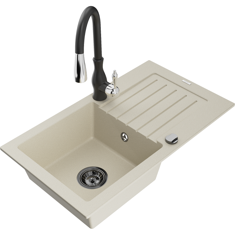 Mexen Pablo jednovanový žulový dřez s odkapávačem a kuchyňskou baterií Savita, béžový - 6510-69-672601-70