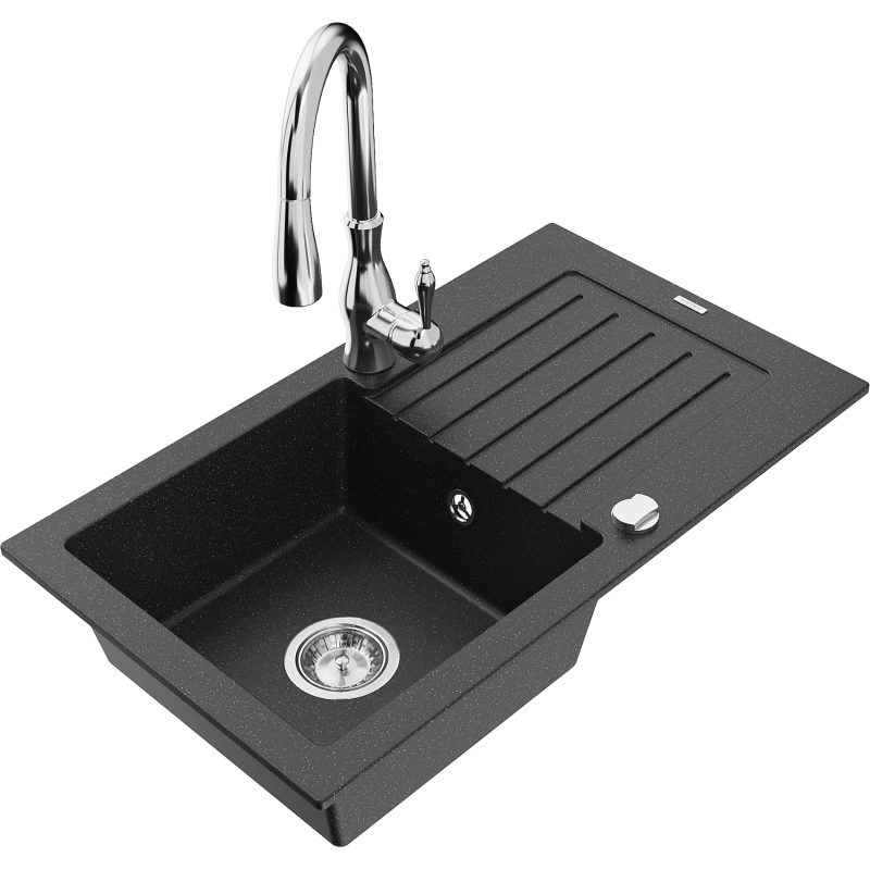 Mexen Pablo granitový dřez 1-komorový s odkapávačem a kuchyňskou baterií Savita, černý/stříbrný metalik - 6510-73-672601-00