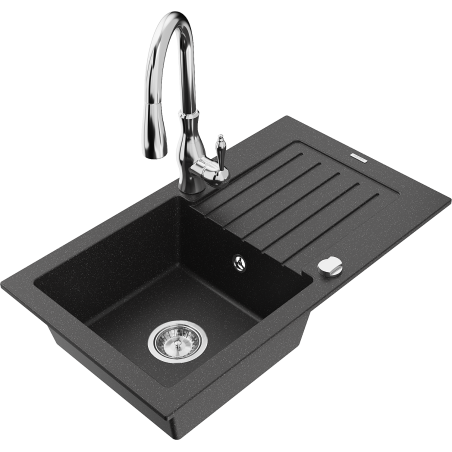 Mexen Pablo granitový dřez 1-komorový s odkapávačem a kuchyňskou baterií Savita, černý/stříbrný metalik - 6510-73-672601-00