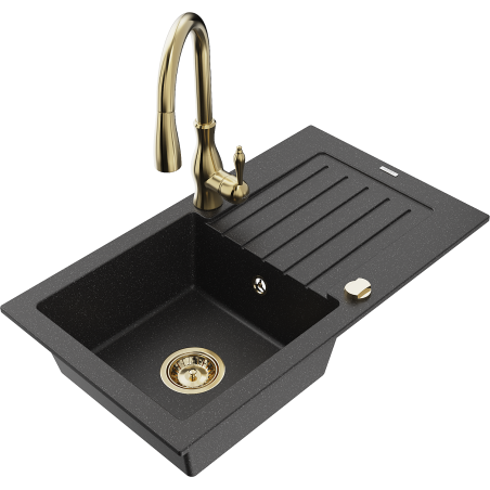 Mexen Pablo granitový dřez 1-komorový s odkapávačem a kuchyňskou baterií Savita, černý/stříbrný metalik - 6510-73-672601-50