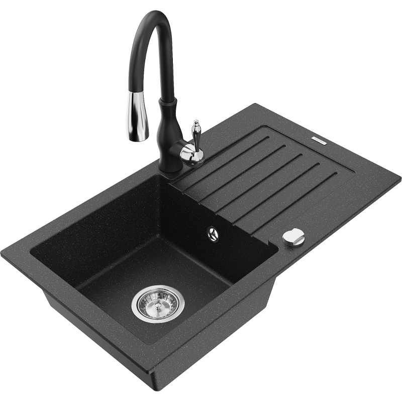 Mexen Pablo granitový dřez 1-komorový s odkapávačem a kuchyňskou baterií Savita, černý/stříbrný metalik - 6510-73-672601-70