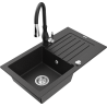 Mexen Pablo 1-miskový granitový dřez s odkapávačem a kuchyňskou baterií Savita, Černá/Stříbrná kovová - 6510-73-672601-70