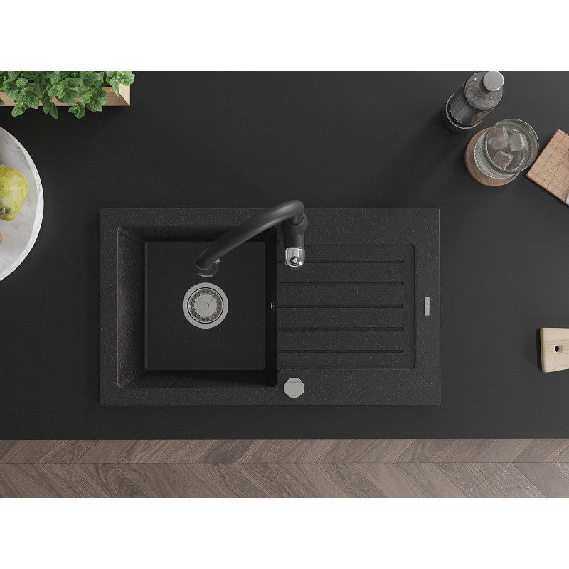 Mexen Pablo granitový dřez 1-komorový s odkapávačem a kuchyňskou baterií Savita, černý/stříbrný metalik - 6510-73-672601-70