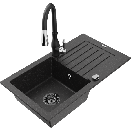 Mexen Pablo žulový dřez s 1 komorou, odkapávačem a kuchyňská baterie Savita, černý/stříbrný - 6510-73-672601-70-B