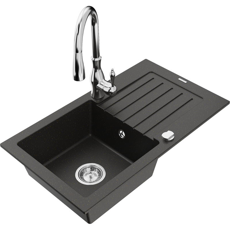 Mexen Pablo žulový dřez s 1 komorou a odkapávačem a kuchyňskou baterií Savita, černý/zlatý metalik - 6510-75-672601-00