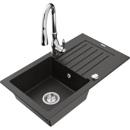 Mexen Pablo žulový dřez s 1 komorou a odkapávačem a kuchyňskou baterií Savita, černý/zlatý metalik - 6510-75-672601-00