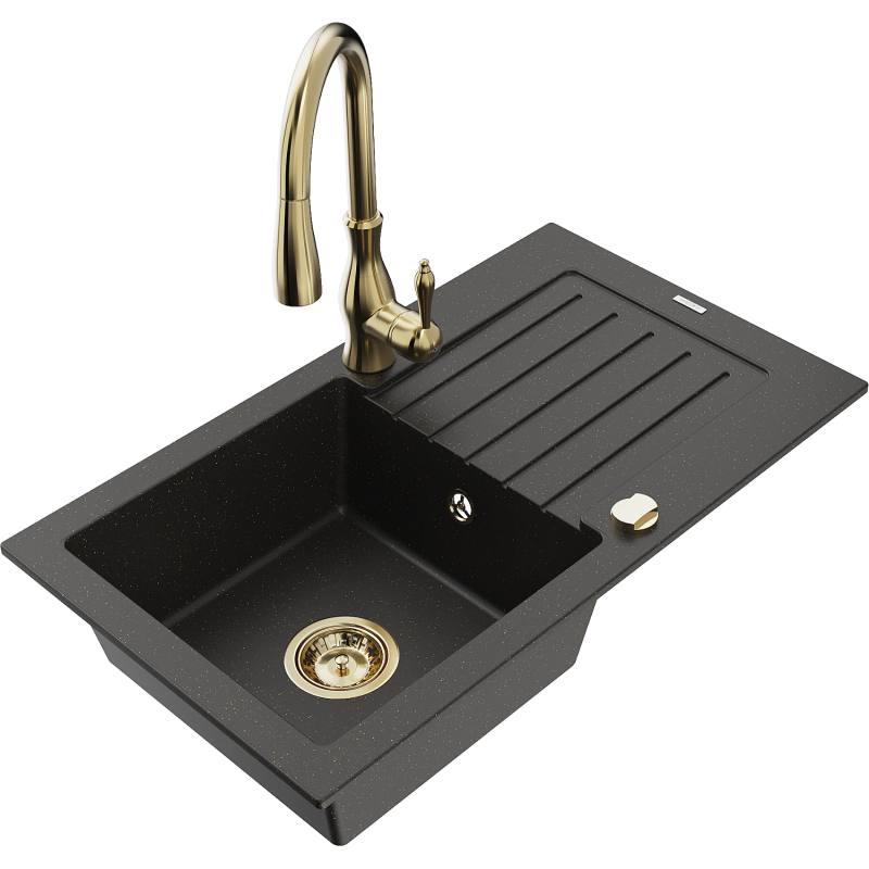 Mexen Pablo granitový dřez 1-komorový s odkapávačem a kuchyňská baterie Savita, černá/zlatý metalik - 6510-75-672601-50