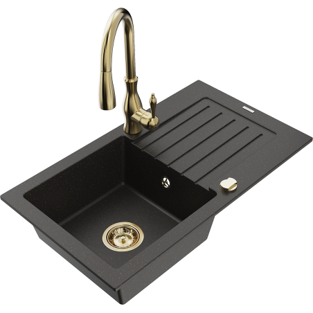 Mexen Pablo granitový dřez 1-komorový s odkapávačem a kuchyňská baterie Savita, černá/zlatý metalik - 6510-75-672601-50