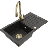Mexen Pablo 1-miskový granitový dřez s odkapávačem a kuchyňskou baterií Savita, Černá/Zlatá kovová - 6510-75-672601-50