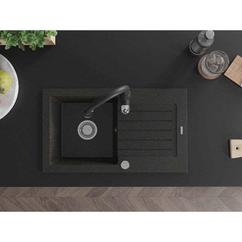 Mexen Pablo granitový dřez 1-komorový s odkapávačem a kuchyňskou baterií Savita, černý/zlatý metalik - 6510-75-672601-70