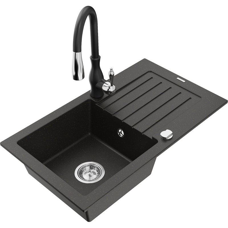 Mexen Pablo granitový dřez 1-komorový s odkapávačem a kuchyňskou baterií Savita, černý/zlatý metalik - 6510-75-672601-70