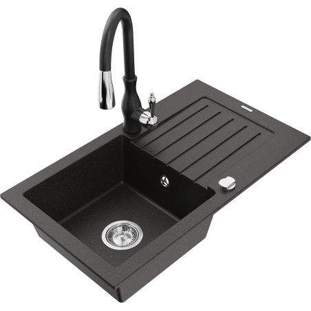 Mexen Pablo granitový dřez 1-komorový s odkapávačem a kuchyňskou baterií Savita, černý/zlatý metalik - 6510-75-672601-70